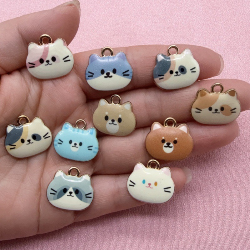 Jewelry Making Diy - 12 adet Baskılı Kedi Kafası Alaşım